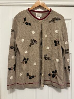 VTG Christopher & Banks Hand Embroidered Sweater Winter Holly Snowflakes Large